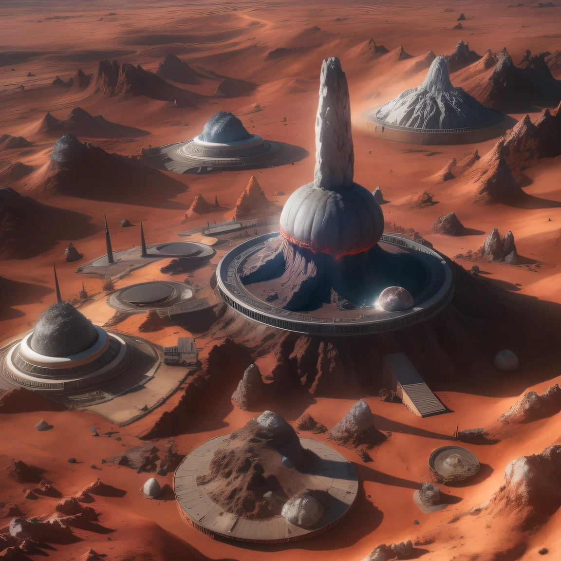 Alien base (Very detailed) In the mountainous desert,There are several exhaust fans and chimneys, Some spotlights come out of the base to illuminate dark places, (Extreme nights), Some clouds in the night sky, Some of the surrounding planets provide air to unknown planets,The farthest giant volcano is erupting