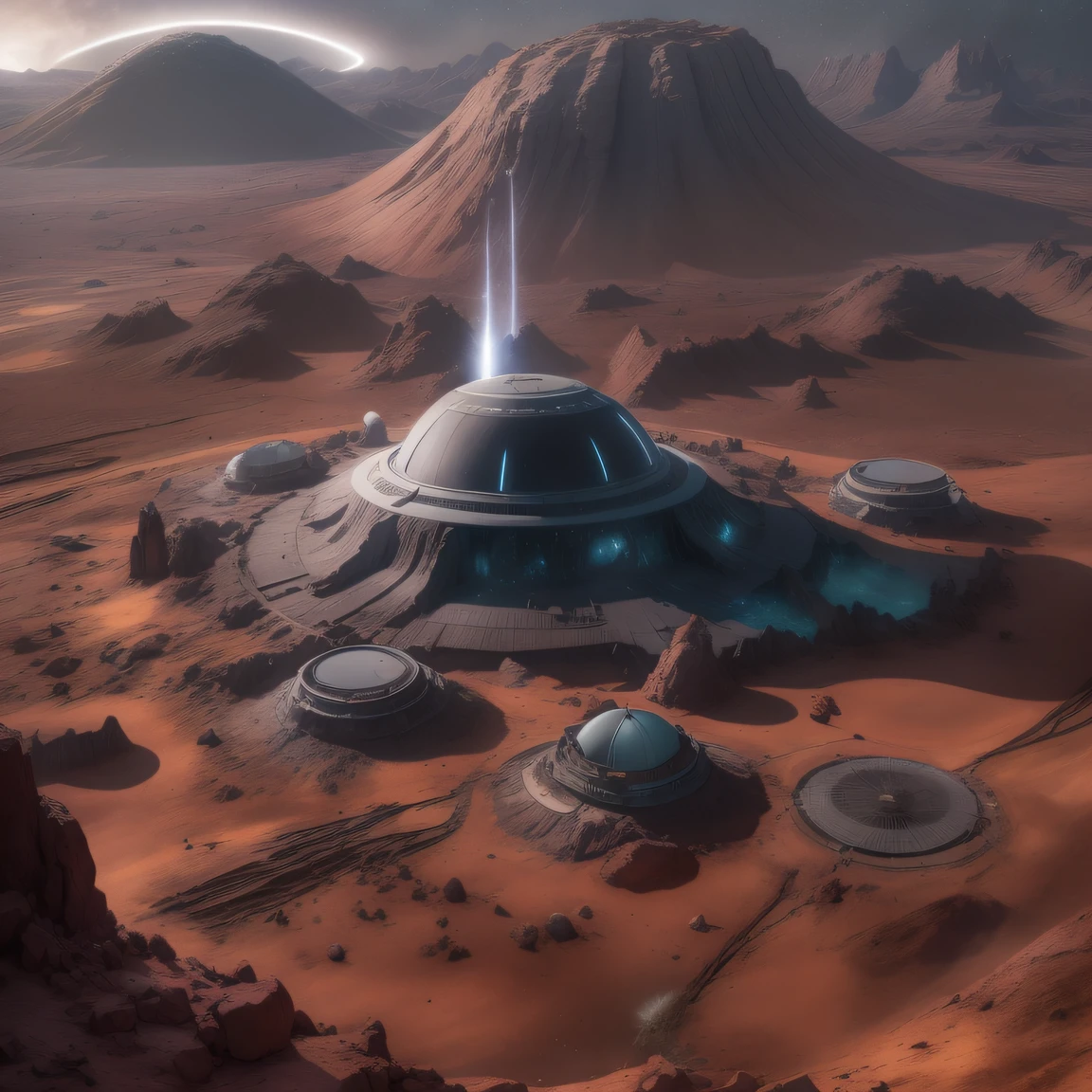 Alien base (Very detailed) In the mountainous desert,There are several exhaust fans and chimneys, Some spotlights come out of the base to illuminate dark places, (Extreme nights), Some clouds in the night sky, Some of the surrounding planets provide air to unknown planets,The farthest giant volcano is erupting