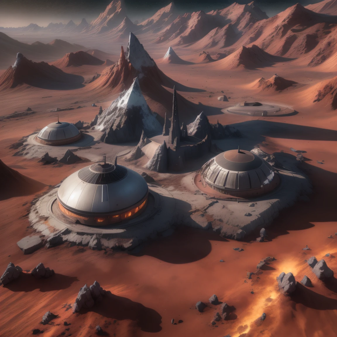 Alien base (Very detailed) In the mountainous desert,There are several exhaust fans and chimneys, Some spotlights come out of the base to illuminate dark places, (Extreme nights), Some clouds in the night sky, Some of the surrounding planets provide air to unknown planets,The farthest giant volcano is erupting