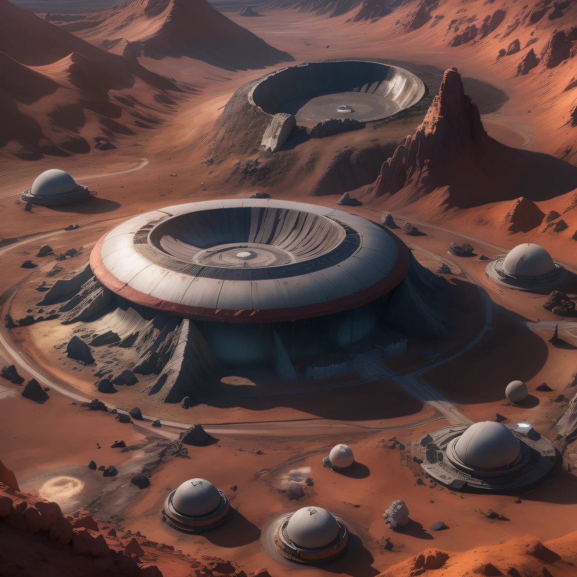 Alien base (Very detailed) In the mountainous desert,There are several exhaust fans and chimneys, Some spotlights come out of the base to illuminate dark places, (Extreme nights), Some clouds in the night sky, Some of the surrounding planets provide air to unknown planets,The farthest giant volcano is erupting