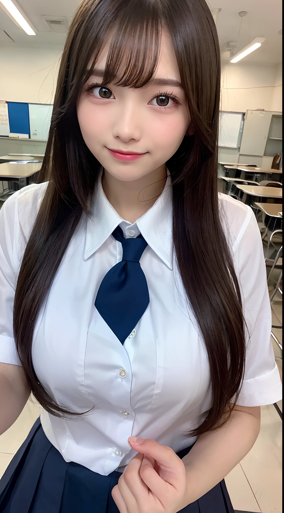 selfee、(from the front side),(Face:1.3),(Eye focus:1.4),(close up:1.3),(wide eyes:1.3),Attractive eyes,Eyelashes,Round eyes,jewelry eyes,Twinkle Eyes,slanted eye, eyesight, long eyelashes, Eye Highlights,(Smile with open mouth),look at viewr,Light transparency, Diffraction of light, Best Quality, masutepiece, High quality, High resolution, Detailed, (1womanl), (high-school uniform:1.5), Beautiful face, Full face blush:1.3, Beautiful eyes, (Blue-black hair), (semi long hair),((Hair to the shoulders:1.2)) (18year old,) (ample breasts:1.2), (A smile:1.2),perfect fingers in perfect hands,((A smile:1.2))