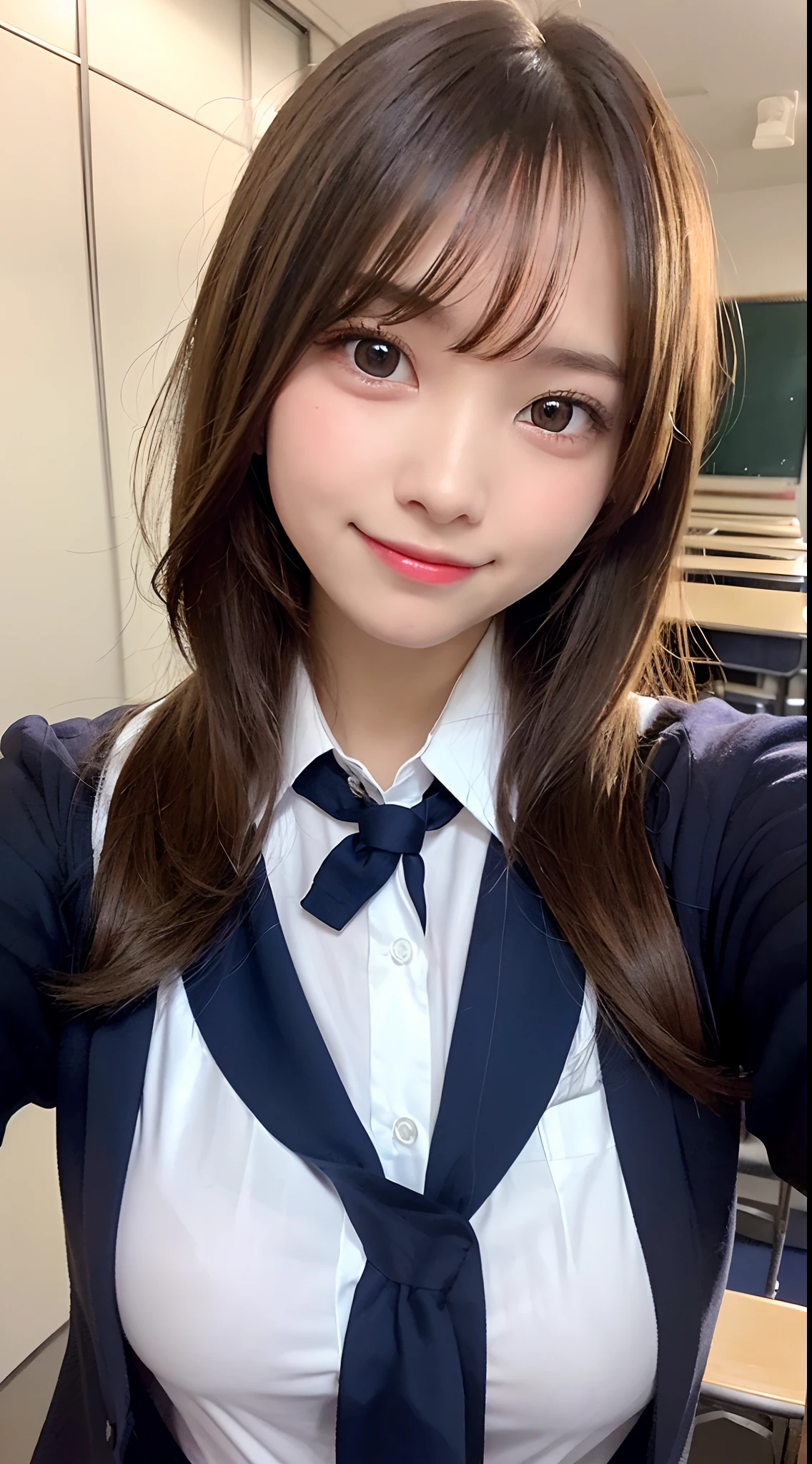 selfee、(from the front side),(Face:1.3),(Eye focus:1.4),(close up:1.3),(wide eyes:1.3),Attractive eyes,Eyelashes,Round eyes,jewelry eyes,Twinkle Eyes,slanted eye, eyesight, long eyelashes, Eye Highlights,(Smile with open mouth),look at viewr,Light transparency, Diffraction of light, Best Quality, masutepiece, High quality, High resolution, Detailed, (1womanl), (high-school uniform:1.5), Beautiful face, Full face blush:1.3, Beautiful eyes, (Blue-black hair), (semi long hair),((Hair to the shoulders:1.2)) (18year old,) (ample breasts:1.2), (A smile:1.2),perfect fingers in perfect hands,((A smile:1.2))