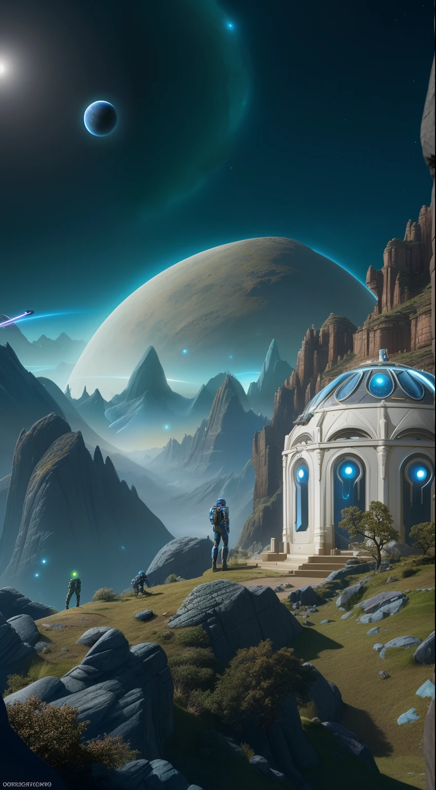 Spaceships fly over a mountain with a small house in the foreground, Beeple y Tim Hildebrandt, Stefan Koidl inspirado, Arstation y Beeple altamente, epic fantasy sci fi illustration, sci-fi digital art illustration, sci fi digital painting, scifi landscape, Obras de arte de la biblioteca espacial de Borne, beautiful sci fi art, sci fi digital painting