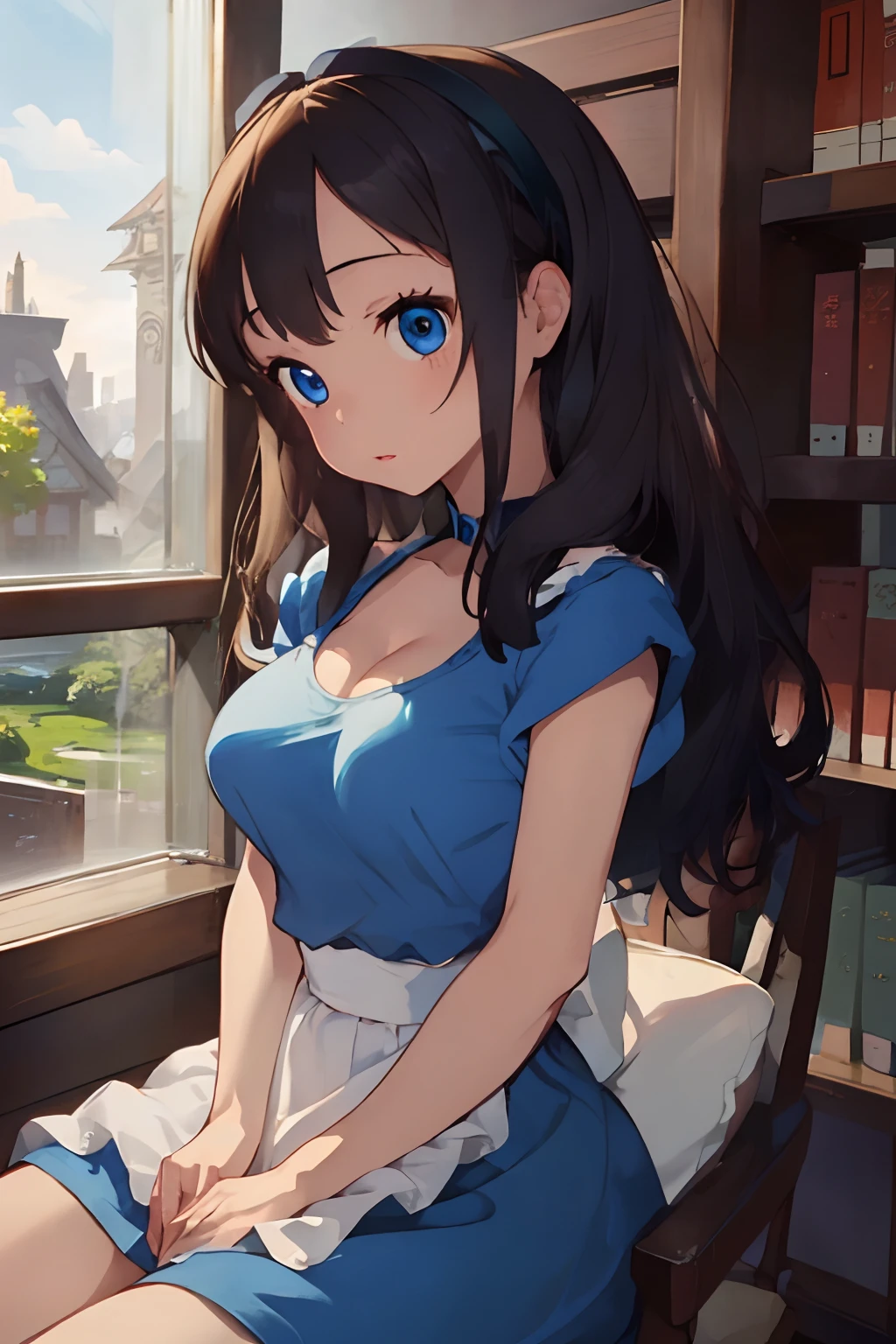 (masterpiece、top-quality;1.3)、ighly detailed、1girl in、atlibrary、alice liddell、Black Hair Band、Blonde long hair、big breast beauty、barechested、Deep kissing