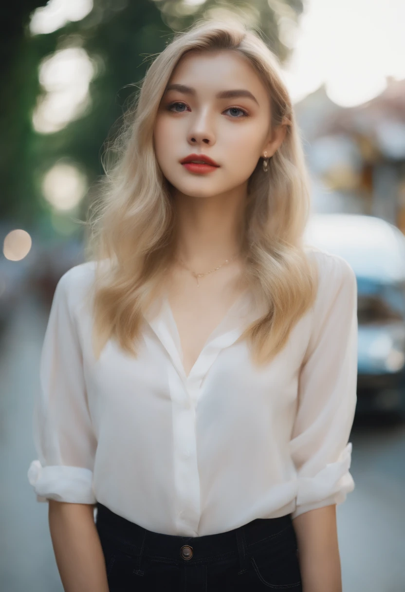 Blonde Shortcuts、18-year-old girl、Looking here、Innocent face、Sheer shirt、short pants、A slender、Beautiful breasts、The background is everyday life
