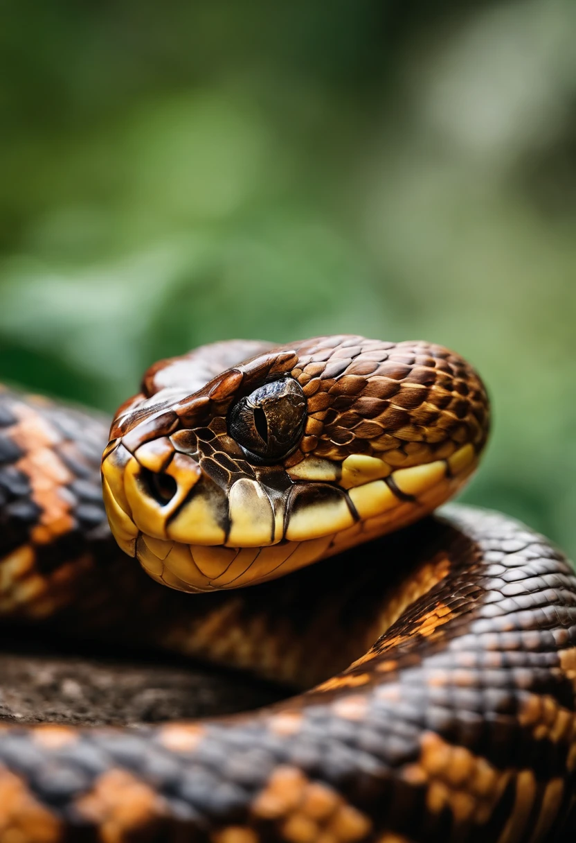 a large snake with orange brown coloration, saindo do casco de tartaruga | The serpent's head rises to a certain distance and faces the surface of the hull keeping a distance from it
