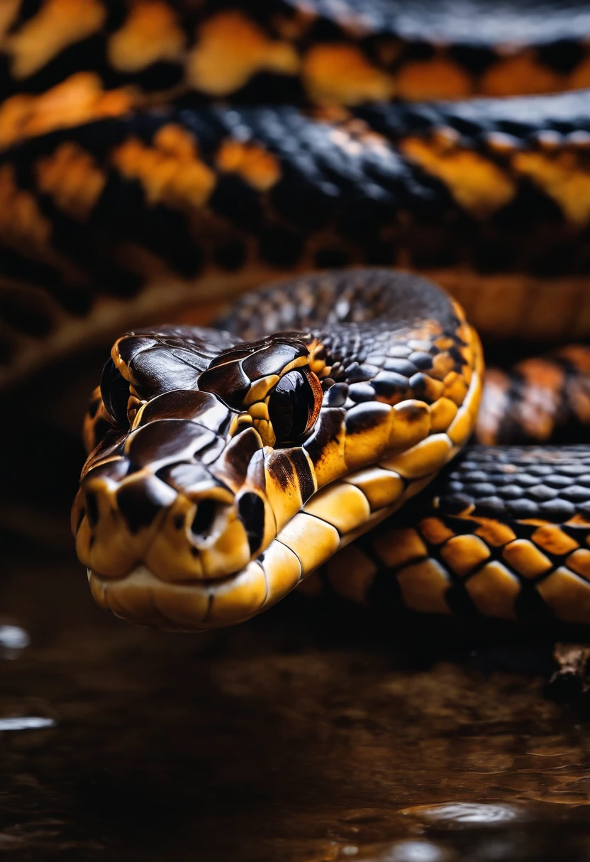 a large snake with orange brown coloration, saindo do casco de tartaruga | The serpent's head rises to a certain distance and faces the surface of the hull keeping a distance from it