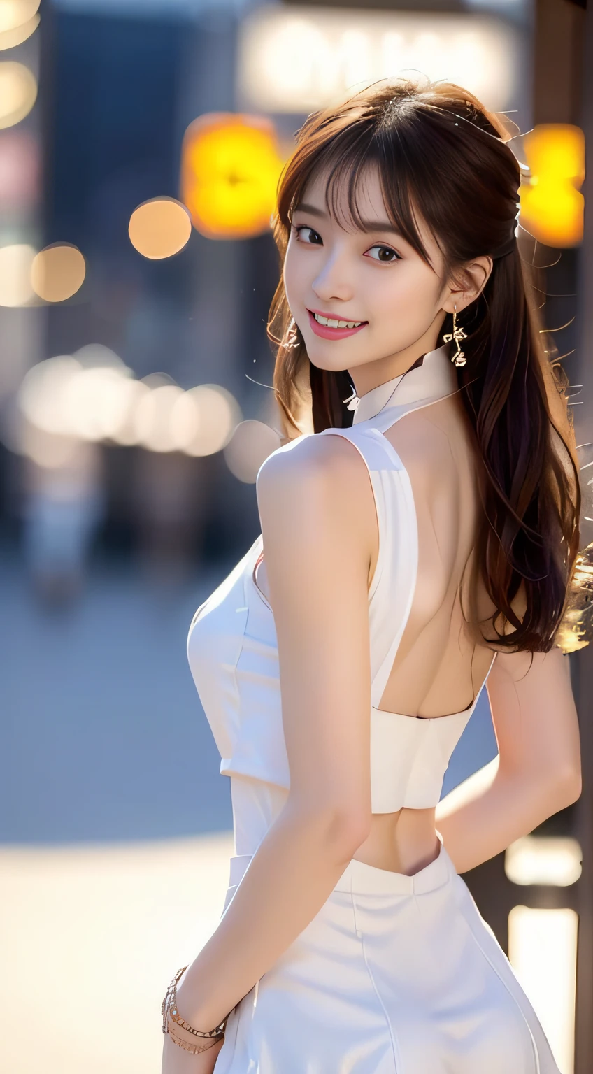 8K, masutepiece, Raw photo, Best Quality, Photorealistic, Highly detailed CG Unity 8K wallpaper, depth of fields, Cinematic Light, Lens Flare, Ray tracing, (Extremely beautiful face, Beautiful lips, Beautiful eyes), intricate detail face, ((Ultra detailed skin)) 1girl in, In the Dark, deepshadow, Pretty Korean girl, Kpop Idol, 1 girl, (Very slim and slender fit muscular body:1.3), ((Looking at Viewer)),(Big smile:1.3), (Midnight, a dark night, (Neon sign), (Blurred background), Dim light), (No people in the background:1.3), Beautiful earrings, Bracelets, Necklace, pantyhose, Clear eyes, Walking , Front shot, (pale skin), (Big eyes), Face forward, (Full body shot), (Brown hairs), open navel, (Looking at Viewer:1.3), Very slim, medium breasts, (Camel toe), thick thighs, turn back, (fluttering mini dress), ((White Collar Dresses)), (Tight skirt), ((backtrack, Back shot)), Ultra mini skirt, exposed ass, upper Shot