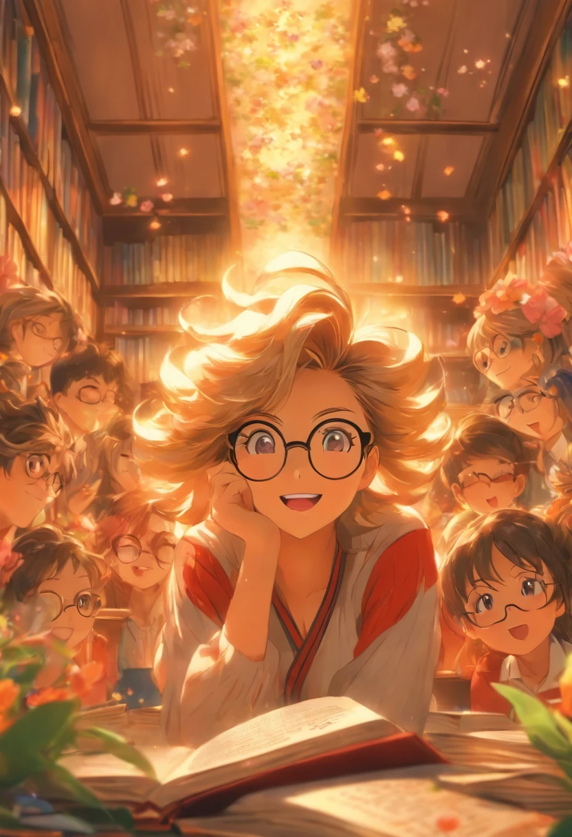 Quality first,masterpiece in detail,Middle-aged woman wearing glasses,sportrait,closeup cleavage,Several cute kids reading a book,in class room,fresh flowers,Rich in color