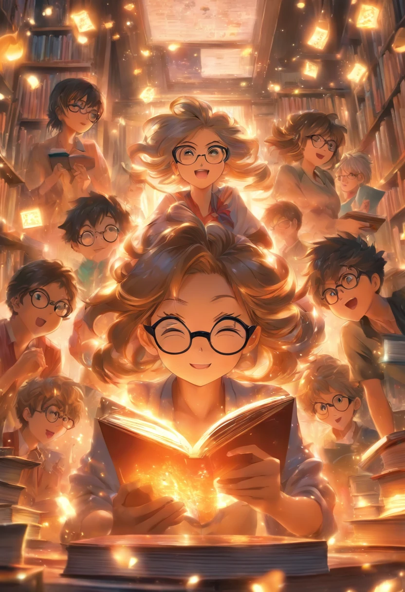 Quality first,masterpiece in detail,Middle-aged woman wearing glasses,sportrait,closeup cleavage,Several cute kids reading a book,in class room,fresh flowers,Rich in color