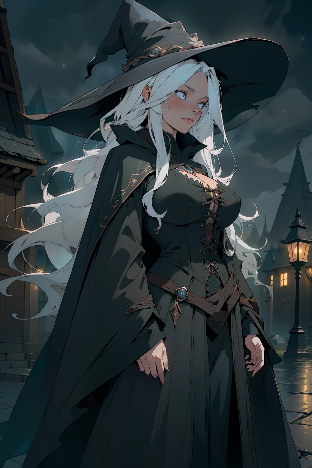 4k, high quality, cowboy shot, digital painting of beautiful young girl, witch, long white hair, flowing hair, giant witches hat, long black cloak, big breasts, fully clothed, layers of cloth clothing, witch clothes, covered in darkness, in the night, night time street, giant flowing cloak, encompassing cloak flowing, hints of green in the design
