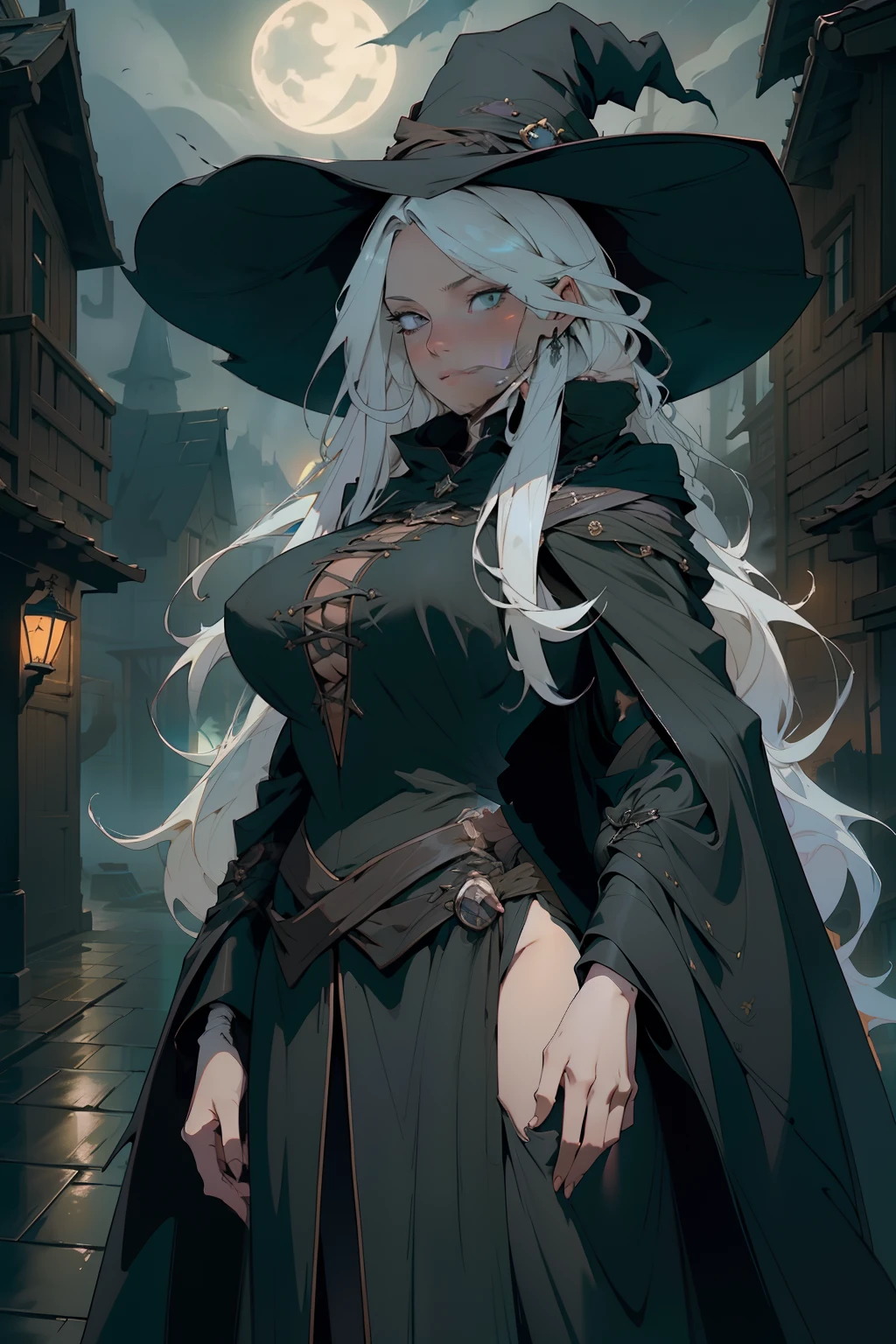 4k, high quality, cowboy shot, digital painting of beautiful young girl, witch, long white hair, flowing hair, giant witches hat, long black cloak, big breasts, fully clothed, layers of cloth clothing, witch clothes, covered in darkness, in the night, night time street, giant flowing cloak, encompassing cloak flowing, hints of green in the design