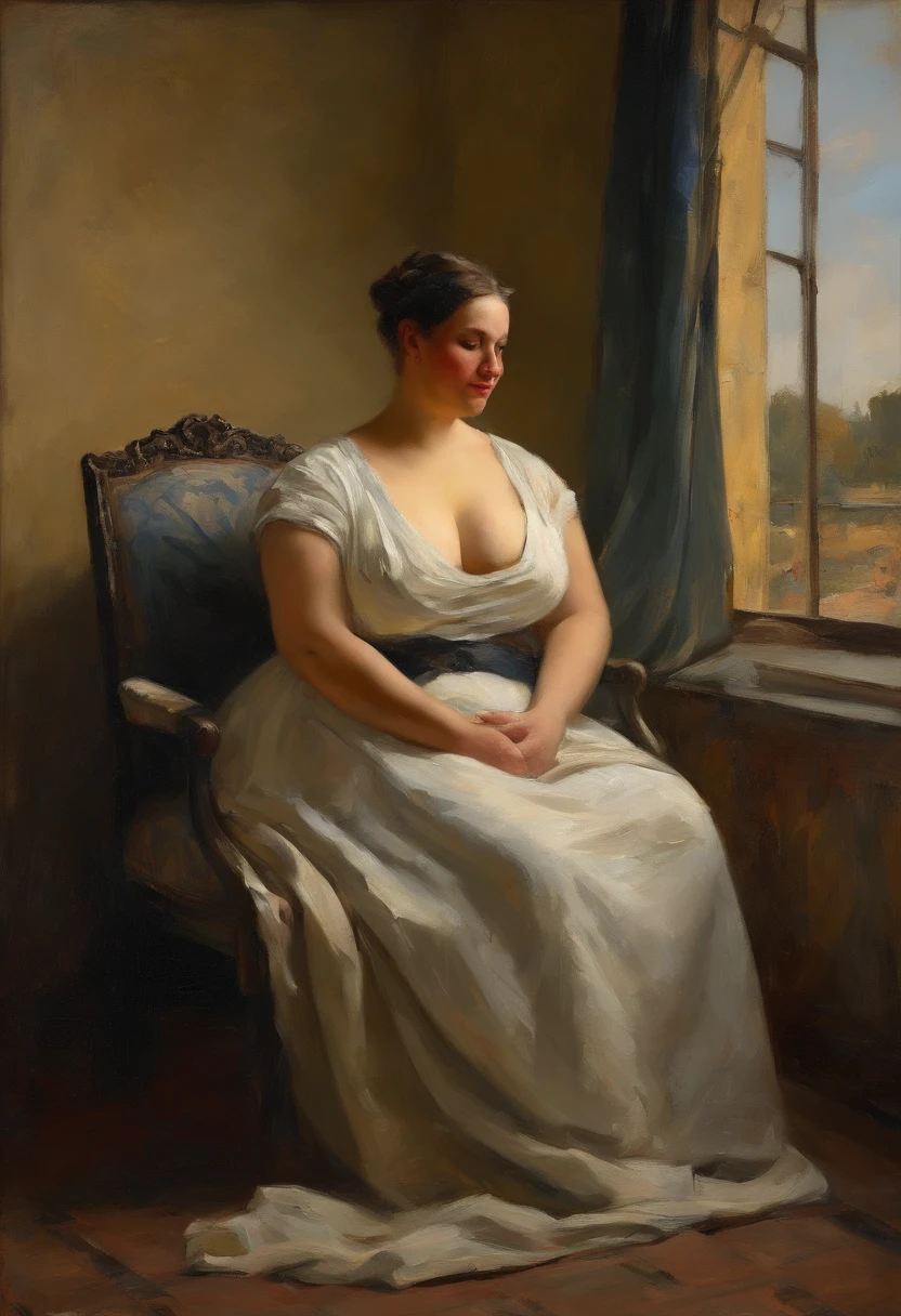 A painting of a woman with Gigantic saggy breasts, Milk breasts, for milking, Huge nipples, sitting by open window witha bird purched on the ledge, clay interior walls, her eyes closed, perfect arms and hands, elegant in nature, beautiful backlighting on hair, full lips, wavy hair, up-do, her elbow leaning on arm of chair, {{Antique rosewood armchair / Georgian button back chair}}, with her hand resting under her chin, smiling about the events of the day, wearing a beautiful polka dots dress, with exposed cleavage, {{nudity}} breasts exposed and hanging out, {{1 breast out leaking milk from nipple}}, ((golden ratio}} sleepy after a long day, a sensual painting, a Beautiful expressive painting, Wadim Kashin. Ultra photo realism, Louise Ross, digital painting art, Perceptual digital painting, Stylish digital painting, Bonito painting, glossy digital painting, beautiful digital painting, digital art painting, Fine paintings, thick strokes, pallette knife, impasto, Albrecht Dürer, Rembrandt, baroque art, alla prima, sfumato, chiaroscuro, intense light, {{catchlight}}