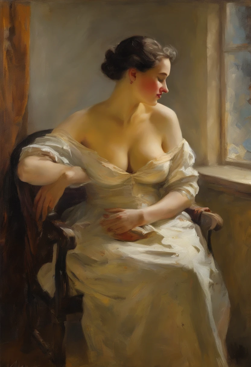 A painting of a woman with Gigantic saggy breasts, Milk breasts, for milking, Huge nipples, sitting by open window witha bird purched on the ledge, clay interior walls, her eyes closed, perfect arms and hands, elegant in nature, beautiful backlighting on hair, full lips, wavy hair, up-do, her elbow leaning on arm of chair, {{Antique rosewood armchair / Georgian button back chair}}, with her hand resting under her chin, smiling about the events of the day, wearing a beautiful polka dots dress, with exposed cleavage, {{nudity}} breasts exposed and hanging out, {{1 breast out leaking milk from nipple}}, ((golden ratio}} sleepy after a long day, a sensual painting, a Beautiful expressive painting, Wadim Kashin. Ultra photo realism, Louise Ross, digital painting art, Perceptual digital painting, Stylish digital painting, Bonito painting, glossy digital painting, beautiful digital painting, digital art painting, Fine paintings, thick strokes, pallette knife, impasto, Albrecht Dürer, Rembrandt, baroque art, alla prima, sfumato, chiaroscuro, intense light, {{catchlight}}