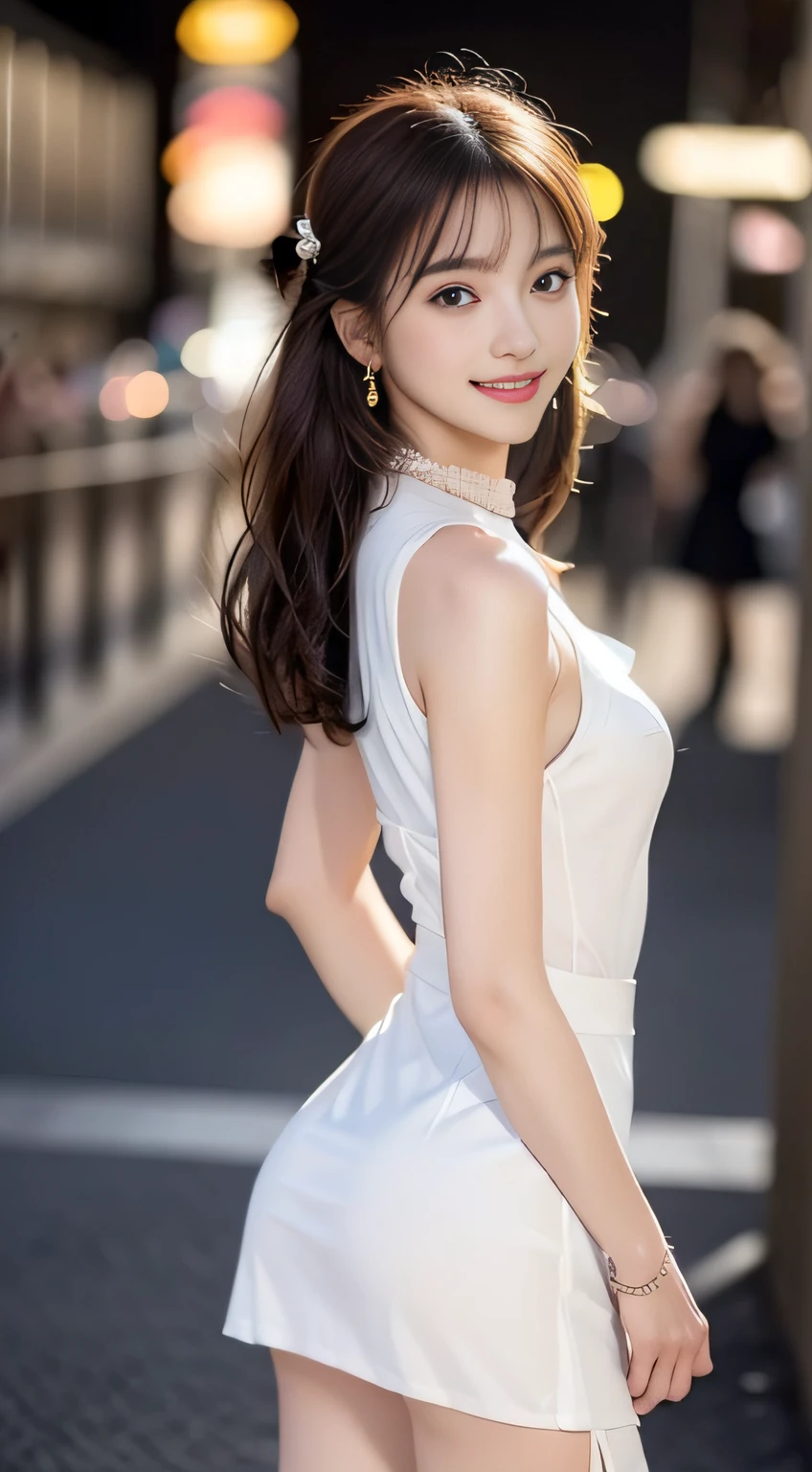 8K, masutepiece, Raw photo, Best Quality, Photorealistic, Highly detailed CG Unity 8K wallpaper, depth of fields, Cinematic Light, Lens Flare, Ray tracing, (Extremely beautiful face, Beautiful lips, Beautiful eyes), intricate detail face, ((Ultra detailed skin)) 1girl in, In the Dark, deepshadow, Pretty Korean girl, Kpop Idol, 1 girl, (Very slim and slender fit muscular body:1.3), ((Looking at Viewer)),(Big smile:1.3), (Midnight, a dark night, (Neon sign), (Blurred background), Dim light), (No people in the background:1.3), Beautiful earrings, Bracelets, Necklace, pantyhose, Clear eyes, Walking , Front shot, (pale skin), (Big eyes), Face forward, (Full body shot), (Brown hairs), open navel, (Looking at Viewer:1.3), Very slim, medium breasts, (Camel toe), thick thighs, turn back, (fluttering mini dress), ((White Collar Dresses)), (Tight skirt), ((backtrack, Back shot)), Ultra mini skirt, exposed ass, upper Shot
