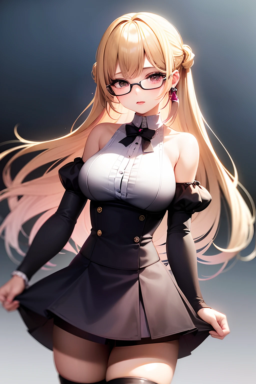 1 girl, solo, masterpiece, sunlight, pink half shoulder shirt, pleated skirt,outside, large breasts,black eyes, blonde haired, open hairstyle, fancy round earings,fancy shirt, designer shirt, stockings, standing position, posing for photoshoot,nose ring, ring, beautiful illustration, top-quality,hot, spectacles.