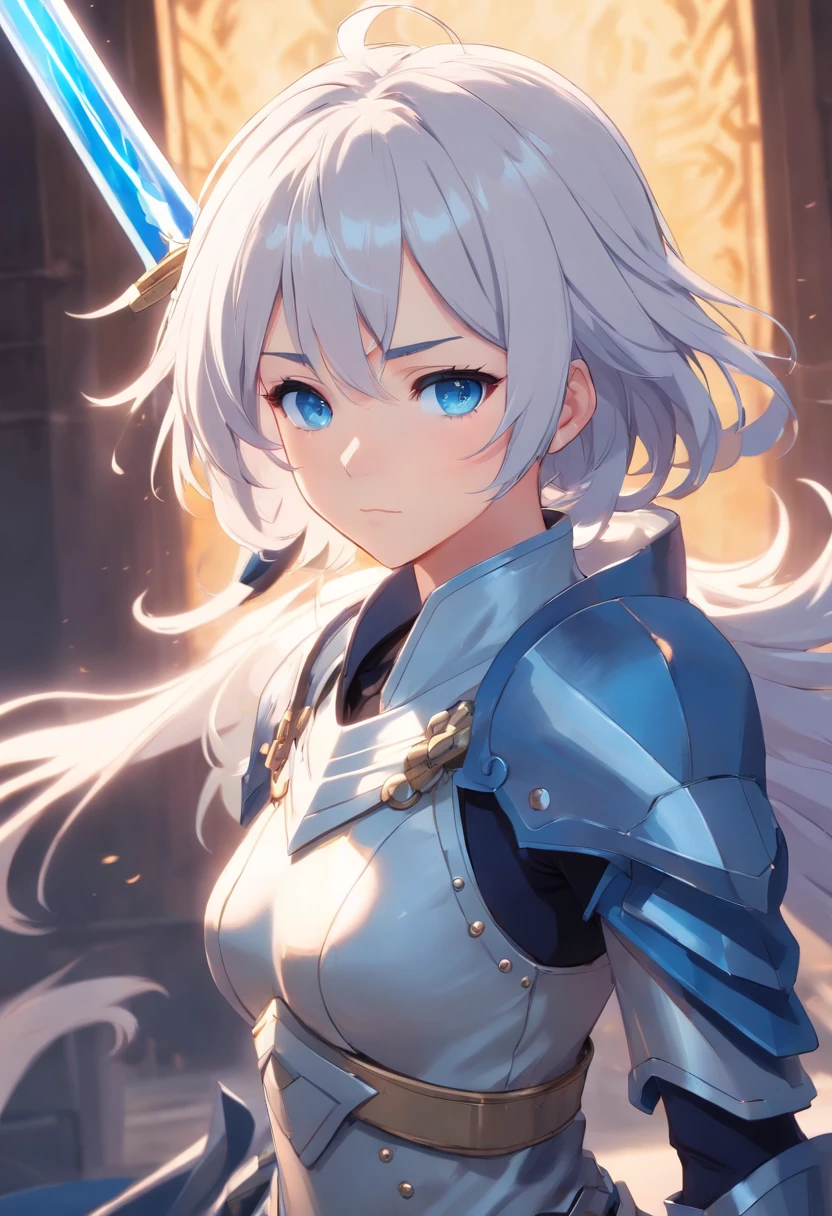 Character Entry Sheet、White-haired girl in armor、Blue colored eyes and blue eyes、He holds a long sword with sleepy eyes and an emotionless expression、Full body like、tights、high-heels、Standing facing the front