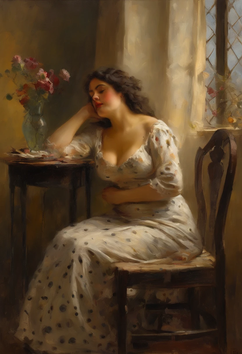 A painting of a woman with Gigantic saggy breasts, Milk breasts, for milking, Huge nipples, sitting by open window witha bird purched on the ledge, clay interior walls, her eyes closed, perfect arms and hands, elegant in nature, beautiful backlighting on hair, full lips, wavy hair, up-do, her elbow leaning on arm of chair, {{Antique rosewood armchair / Georgian button back chair}}, with her hand resting under her chin, smiling about the events of the day, wearing a beautiful polka dots dress, with exposed cleavage, {{nudity}} breasts exposed and hanging out, {{1 breast out leaking milk from nipple}}, ((golden ratio}} sleepy after a long day, a sensual painting, a Beautiful expressive painting, Wadim Kashin. Ultra photo realism, Louise Ross, digital painting art, Perceptual digital painting, Stylish digital painting, Bonito painting, glossy digital painting, beautiful digital painting, digital art painting, Fine paintings, thick strokes, pallette knife, impasto, Albrecht Dürer, Rembrandt, baroque art, alla prima, sfumato, chiaroscuro, intense light, {{catchlight}}