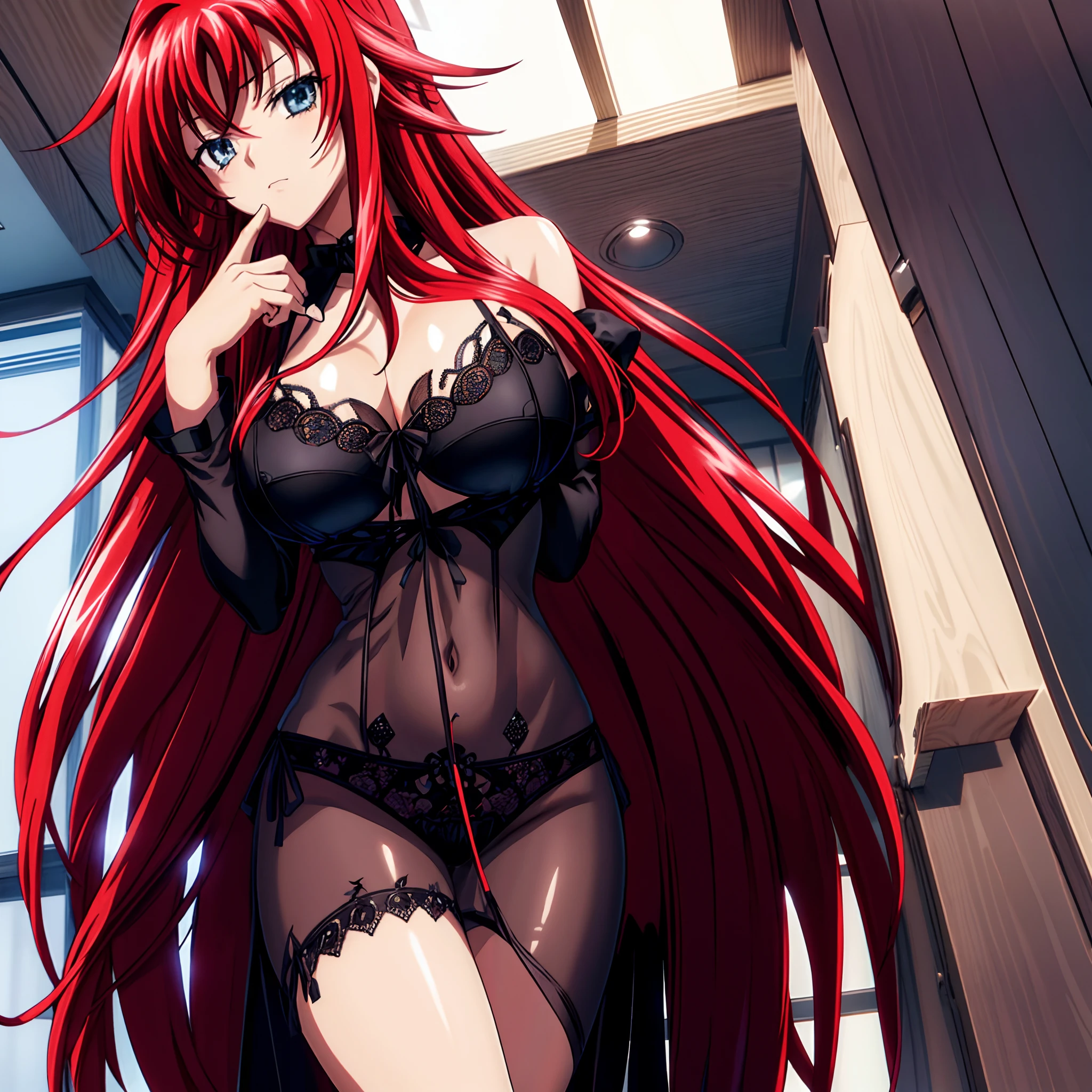 1 girl, long hair, crimson long hair, reaches down to thighs with a single hair strand sticking out from the top hair also has loose bangs covering forehead and side bangs framing face, large breast, black nightgown, black bra, black lace panties, black garterbelt with stocking, she wet, nipple perked out from under bra, inside bedroom, arms top head, perfect finger shape, the number of fingers is not excessive