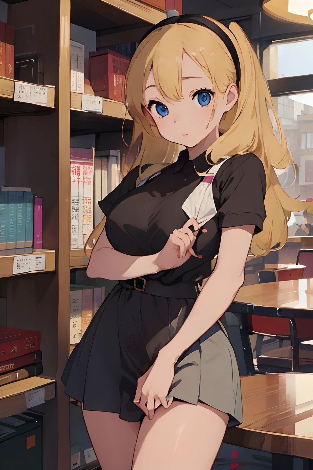 (masterpiece、top-quality;1.3)、ighly detailed、1girl in、atlibrary、Black Hair Band、Blonde long hair、big breast beauty、Brasher