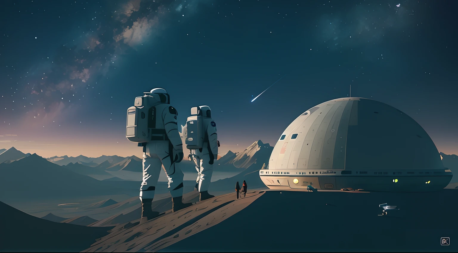 Astronauts walking on a mountain with a space station in the background, sci fi artwork, sci fi artwork, sci-fi illustration, sci - fi illustration, sci-fi digital art illustration, Astronautas y colonias espaciales, sci-fi concept art, Escena Sci - Fi, beautiful sci fi art, Stefan Koidl inspirado, sci fi digital painting