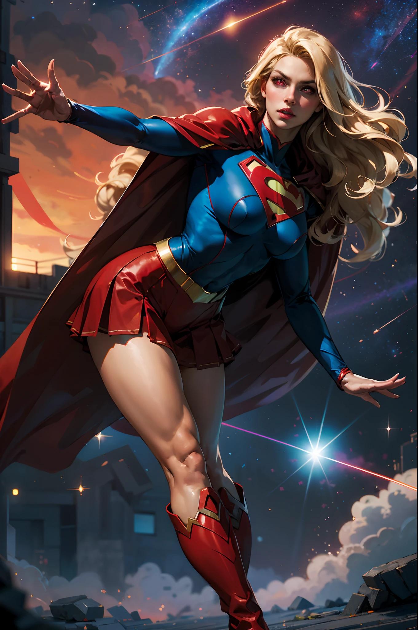 nijistyle, Cowboy shot of beautiful woman in Superman costume, Long Blonde Hair, Heroic, Glowing red eyes, laser eyes, Cape, Particle, nigh sky, stele,  skyporn, Red skirt, Red boots, Sexy Pose, large udder, Stretch one hand above your head, Taking to the skies, take off,