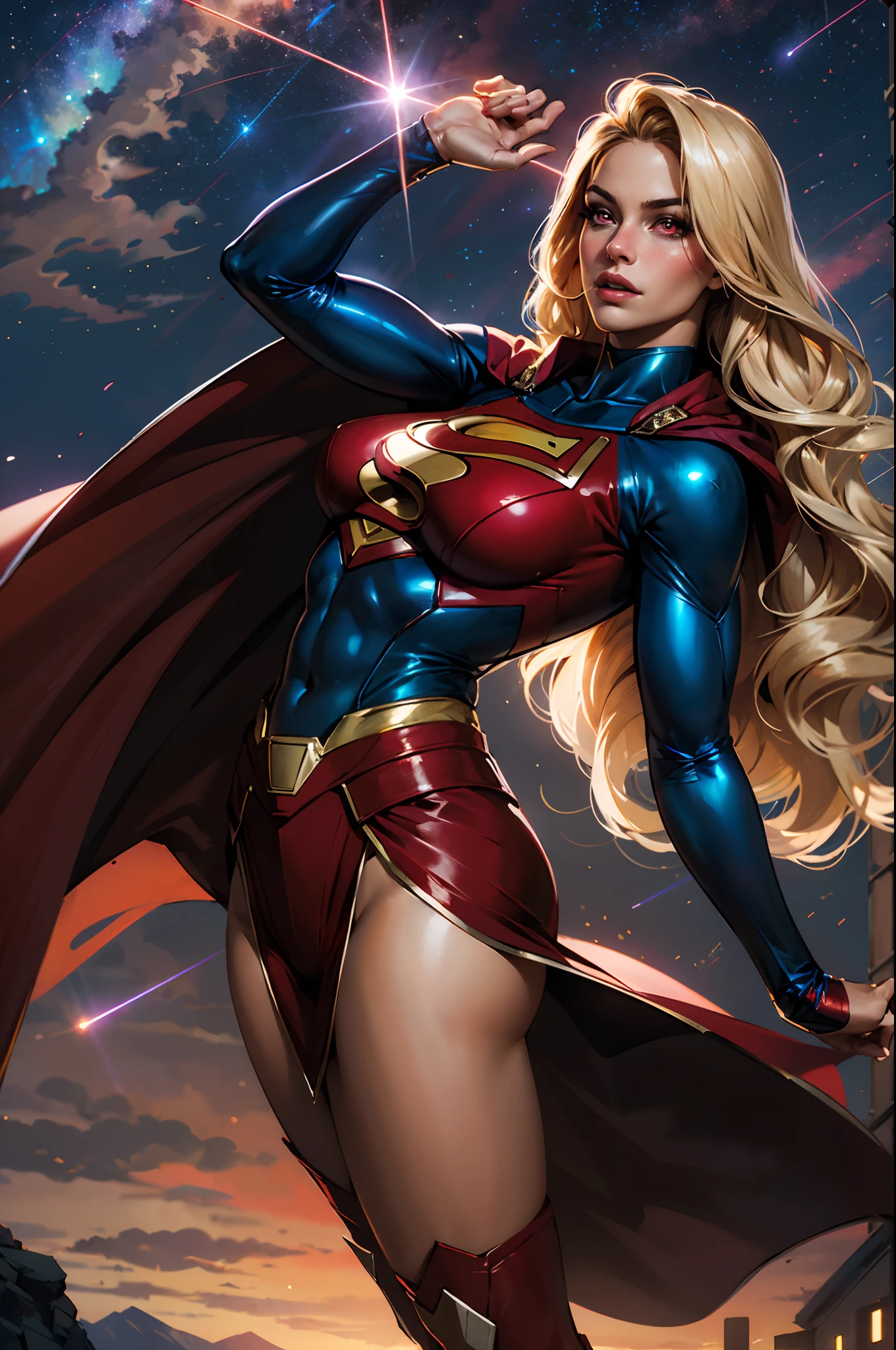 nijistyle, Cowboy shot of beautiful woman in Superman costume, Long Blonde Hair, Heroic, Glowing red eyes, laser eyes, Cape, Particle, skyporn, Red skirt, Red boots, Sexy Pose, large udder, nigh sky, Countless stars, Raise one hand, flying pose,