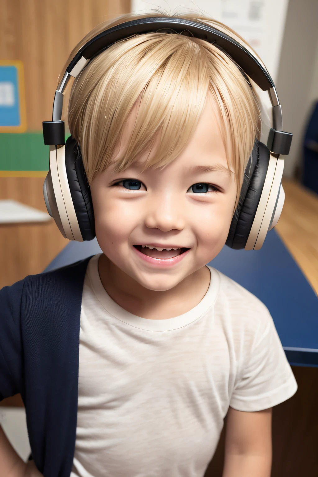 Foreigners wearing headphones　a blond　male 　study　　Laughing　cute little　bule　Facing the front