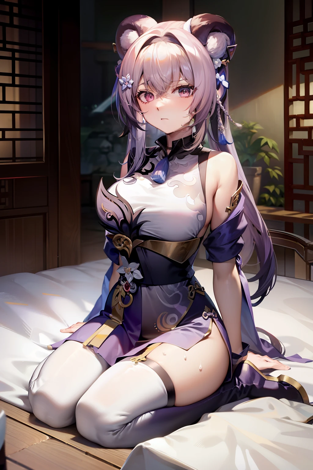 body, Keqing (Genshin Impact), normal, ((thigh high boots)), larg breast, Sat down，(wariza), ((Sitting on the floor)), shy, sweat, Indoors, Ancient Chinese style, Lilac clothes, broad shoulder,