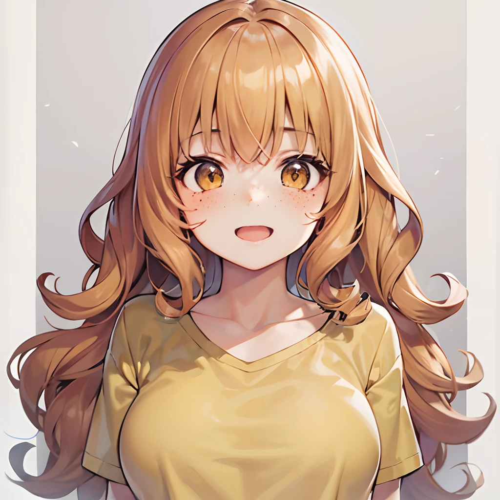 1girl, fluffy curly orange hair, brown eyes, freckles, chubby, medium breast, yellow t-shirt, portrait, simple background, looking at the camera, from the front