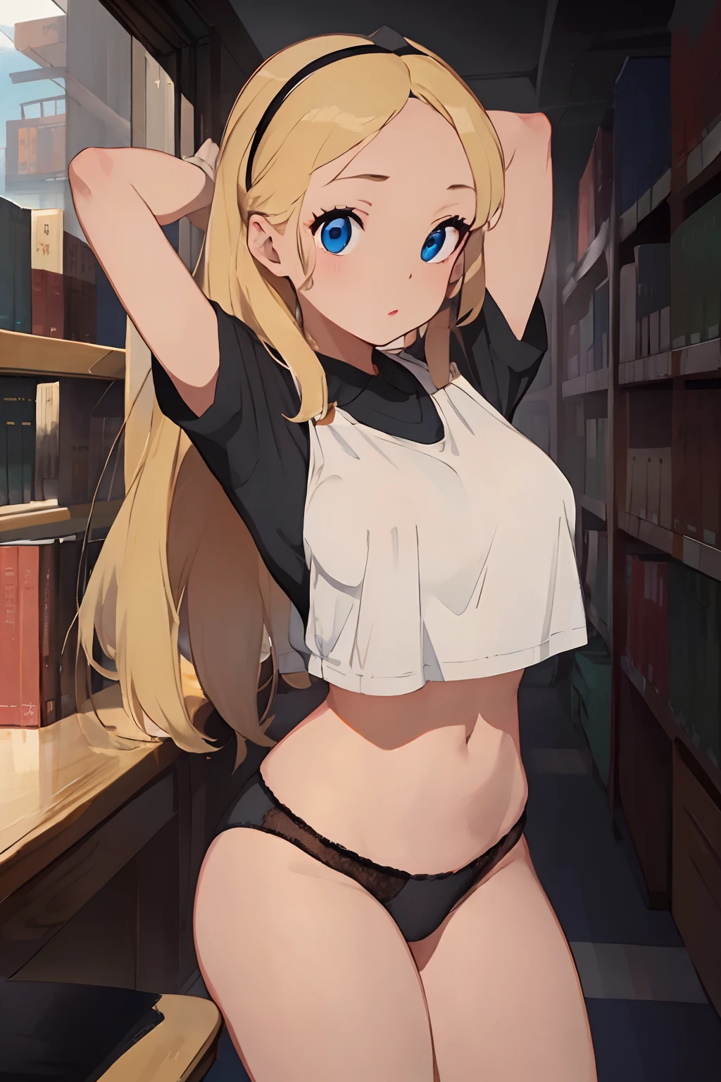 (masterpiece、top-quality;1.3)、ighly detailed、1girl in、atlibrary、Black Hair Band、Blonde long hair、big breast beauty、tits out、underpants