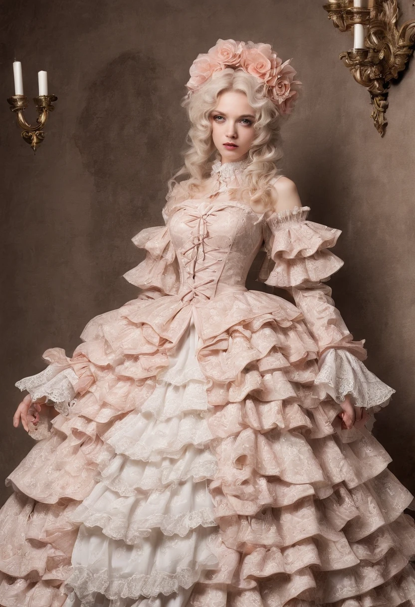 there is a dress on a mannequin, rococo ruffles dress, rococo dress, baroque dress, intricate fantasy dress, ornate frilly dress, romantic dress, frilly outfit, fantasy dress, frill, lolita style, full dress, ((lolita fashion)), long sleeves dress, many layers lolita dress, palatte color include black and white