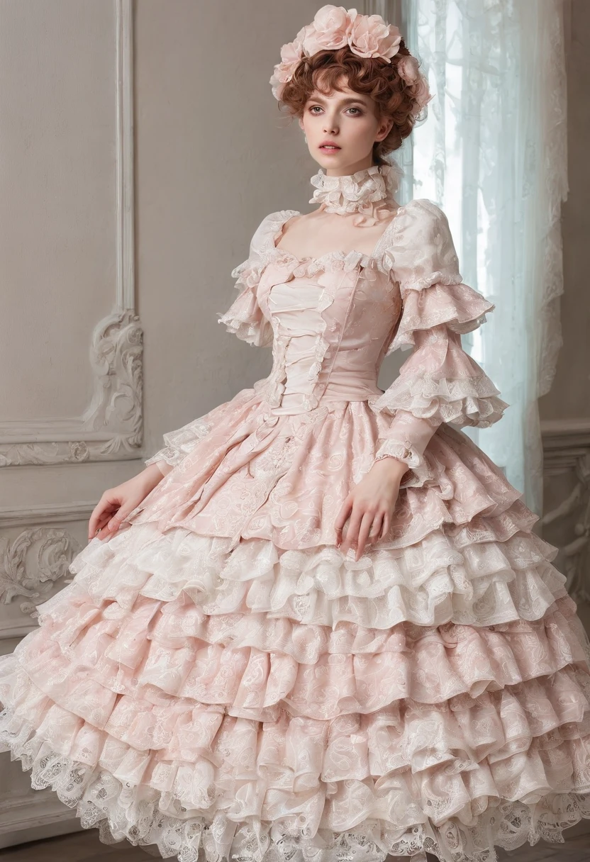 a girl with curly pink hair in a fluffy ball gown in the middle of the city of Zaporozhye