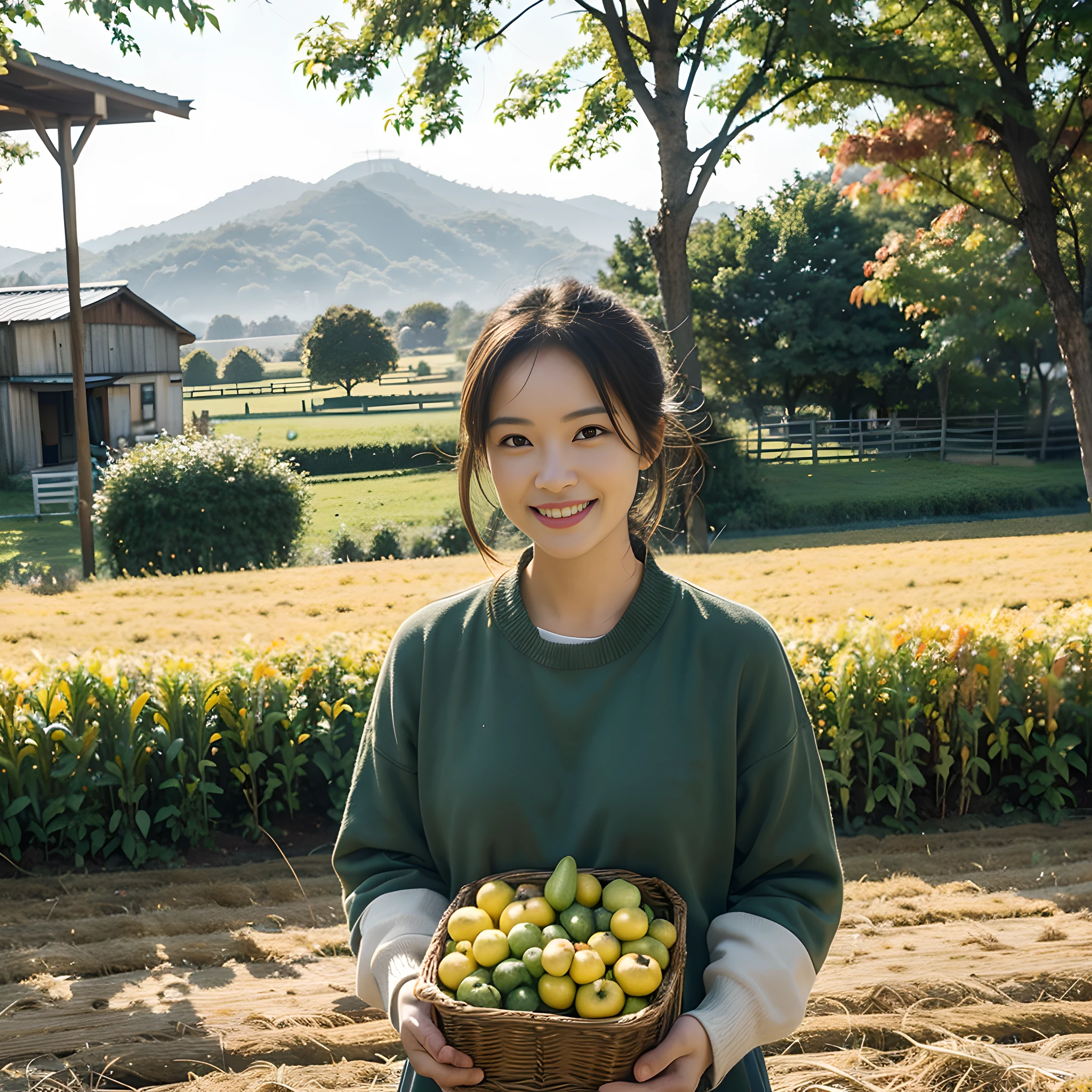 (Best quality,4K,8K,A high resolution,Masterpiece:1.2),Ultra-detailed,(Realistic,Photorealistic,photo-realistic:1.37), sexy, Harvest scene,Portrait of the countryside,Autumn colors,Delightful farmer,a joyful atmosphere,Happy celebration,wheat field,Ripe fruits and vegetables,Farm animals grazing,Traditional farming tools,Industrious hands,bumper harvest,The sweat of labor,bumper harvest,abundance and prosperity,Vibrant country life,Fallen leaves and golden tones,Fresh air and fresh scent,Farmer's market stalls,Beautifully laid out produce,A basket full of autumn bounties,Colorful paddies,corn, weet potato, carrot, apple and mooli,A feast for the harvest,sunlight filtering through the canopy,Friendly conversation and laughter,Children playing in haystacks,Family enjoying homemade meals,A satisfying sense of accomplishment,True happiness and contentment,Abundant blessings,Artistic countryside landscape,The charm of autumn,Capture the essence of autumn in one painting,Show the beauty of rural life,Detailed depiction of the peasant's expression and attire,Expressive eyes and a genuine smile,Dynamic brushstrokes and vibrant colors,Impressionistic style,Celebrate the abundance of nature.