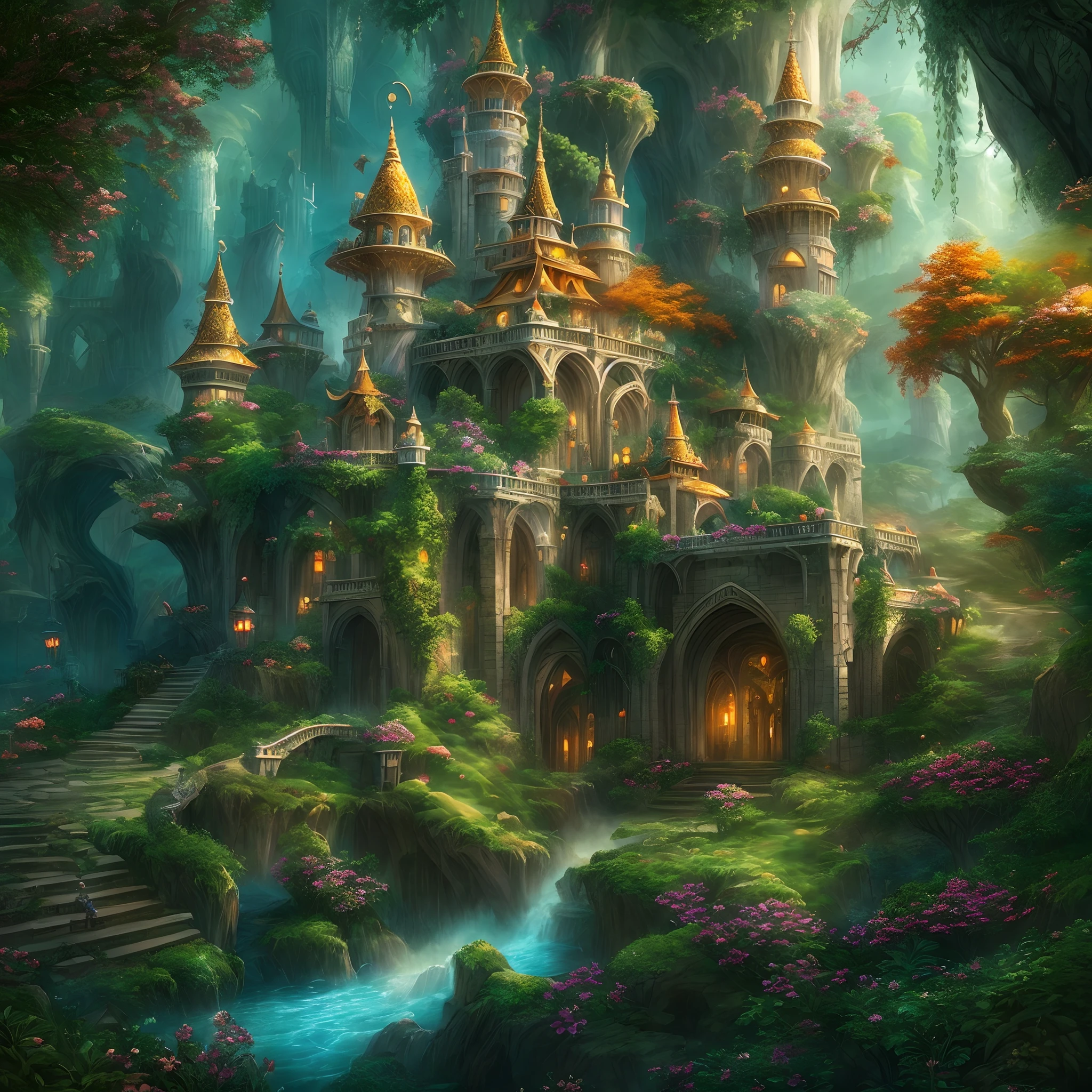 Exquisite masterpiece:1.2,Ultra-detailed,Realistic:1.37,Vibrant colors,Spectacular mobile fortress,Magic and fantasy elements,Royal Architecture and Design。Ethereal atmosphere,Roam through the enchanted forest landscape,Dream-like,spellbinding,irresistible,An unforgettable journey。