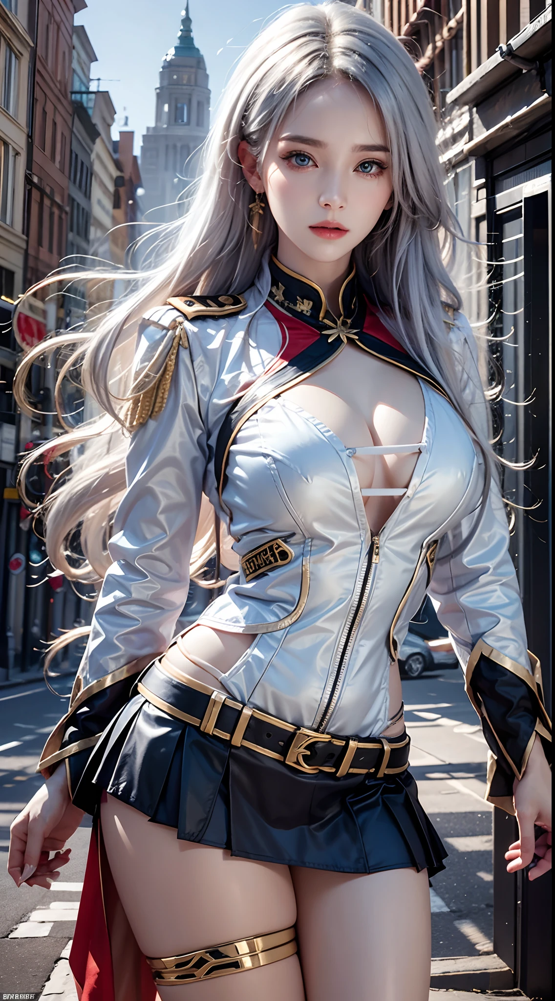photorealistic, high resolution, soft lights, 1women, solo, hips up, blue eyes, white hair, long hair, military uniform, jacket, shirt, skirt