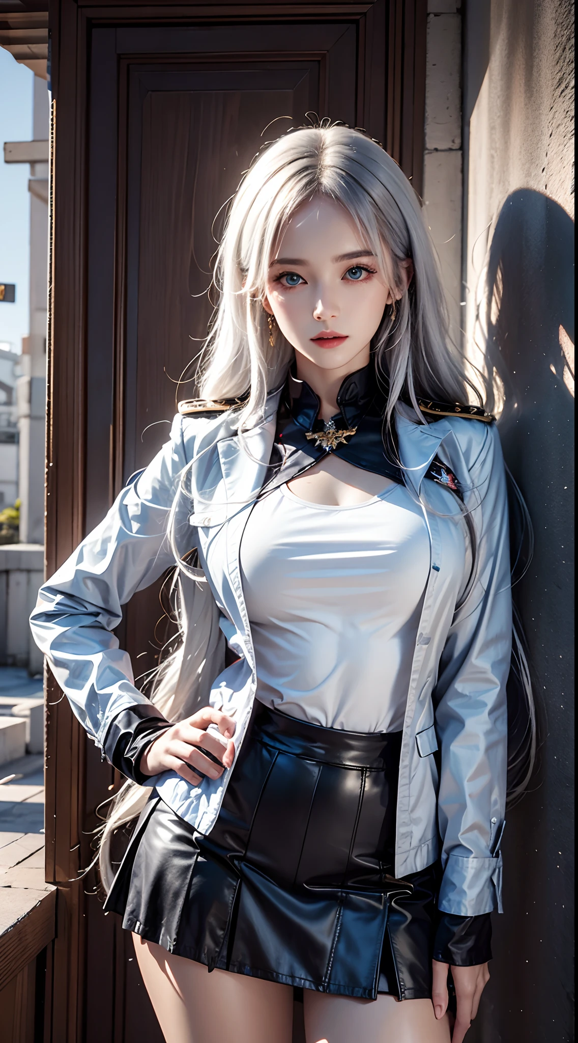 photorealistic, high resolution, soft lights, 1women, solo, hips up, blue eyes, white hair, long hair, military uniform, jacket, shirt, skirt