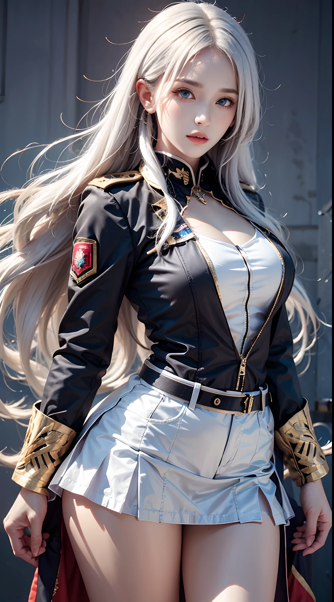 photorealistic, high resolution, soft lights, 1women, solo, hips up, blue eyes, white hair, long hair, military uniform, jacket, shirt, skirt