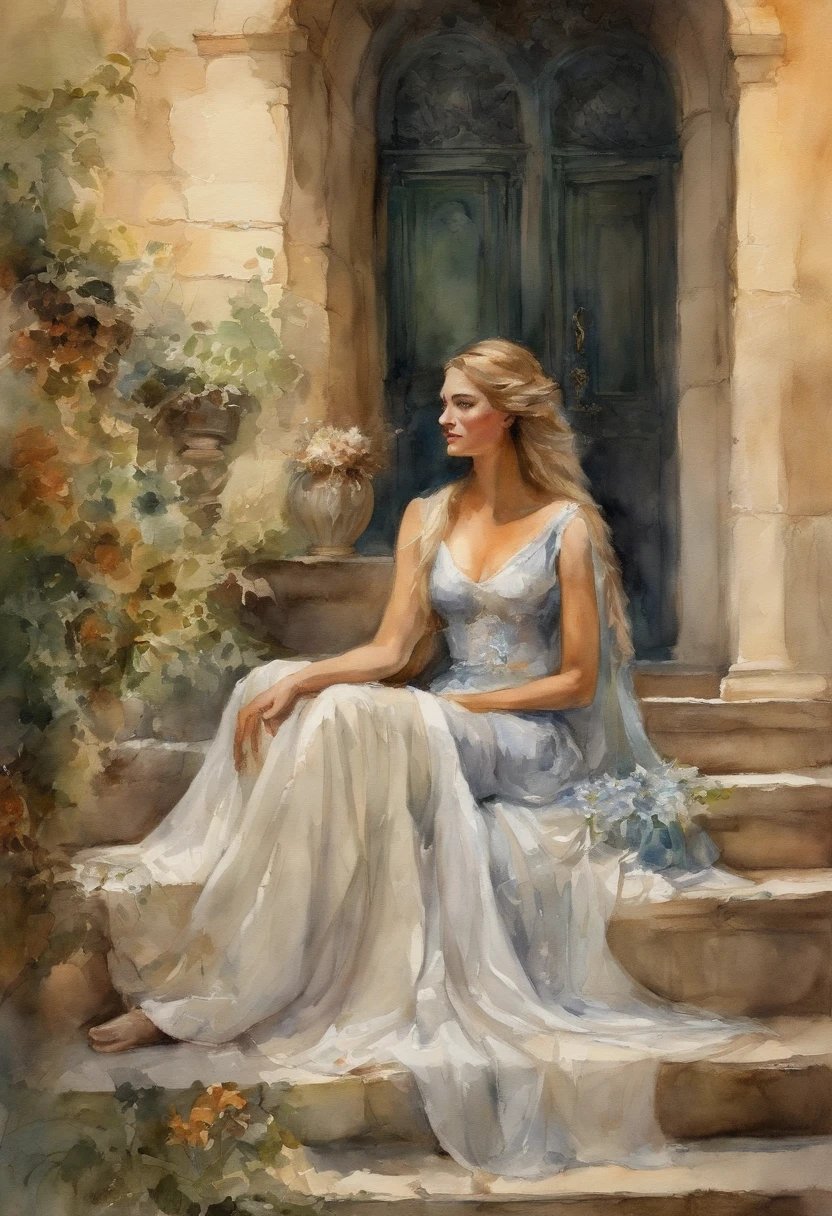 A man knight and a maiden in a long dress sitting on the steps