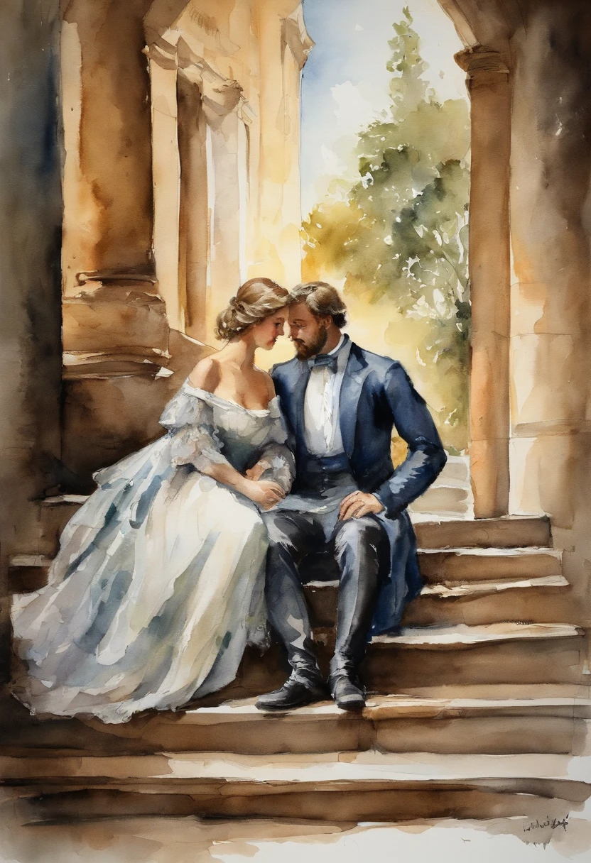 A man knight and a maiden in a long dress sitting on the steps
