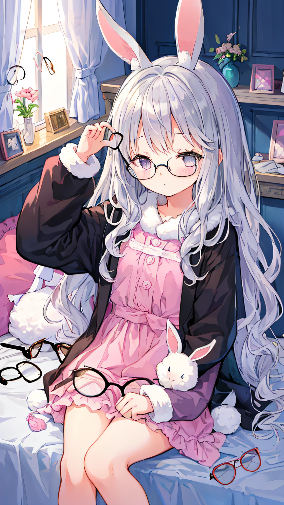 Beautiful illustration、top-quality、(((eye glasses)))、e litBedroom、Fluffy rabbit ears、小柄、Silver long hair、rabbit stuffed、Bright lighting、Black eyes、Wearing a sleeping robe、(((oversleeping)))