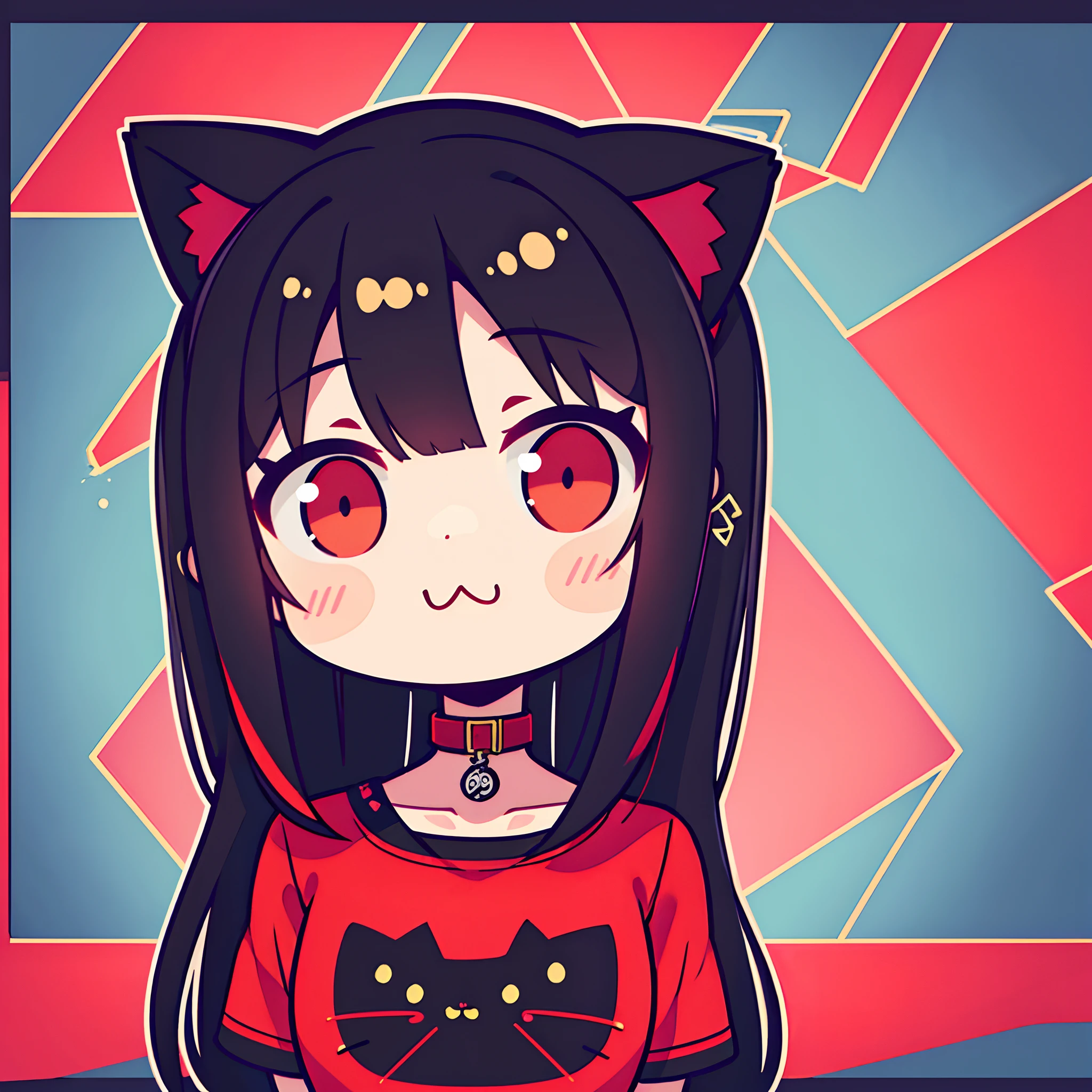 (Best Quality,4K,hight resolution), An 18-year-old woman, Red mesh color on black hair, length hair,straight haired,Cat's ears,Comical appearance,kawaii illustration,Cute illustration,Visual kei,Oversized Rock T-Shirt,a red choker