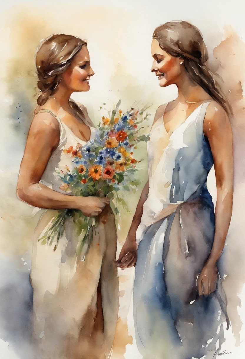 two girl standing facing each other , one girl holding bunch of flower in one hand, other hand holding dagger, hide on her back, both smiling