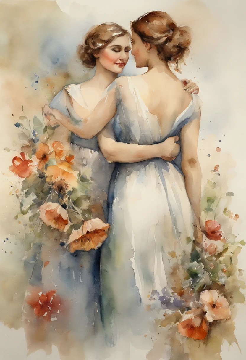 two girl standing facing each other , one girl holding bunch of flower in one hand, other hand holding dagger, hide on her back, both smiling