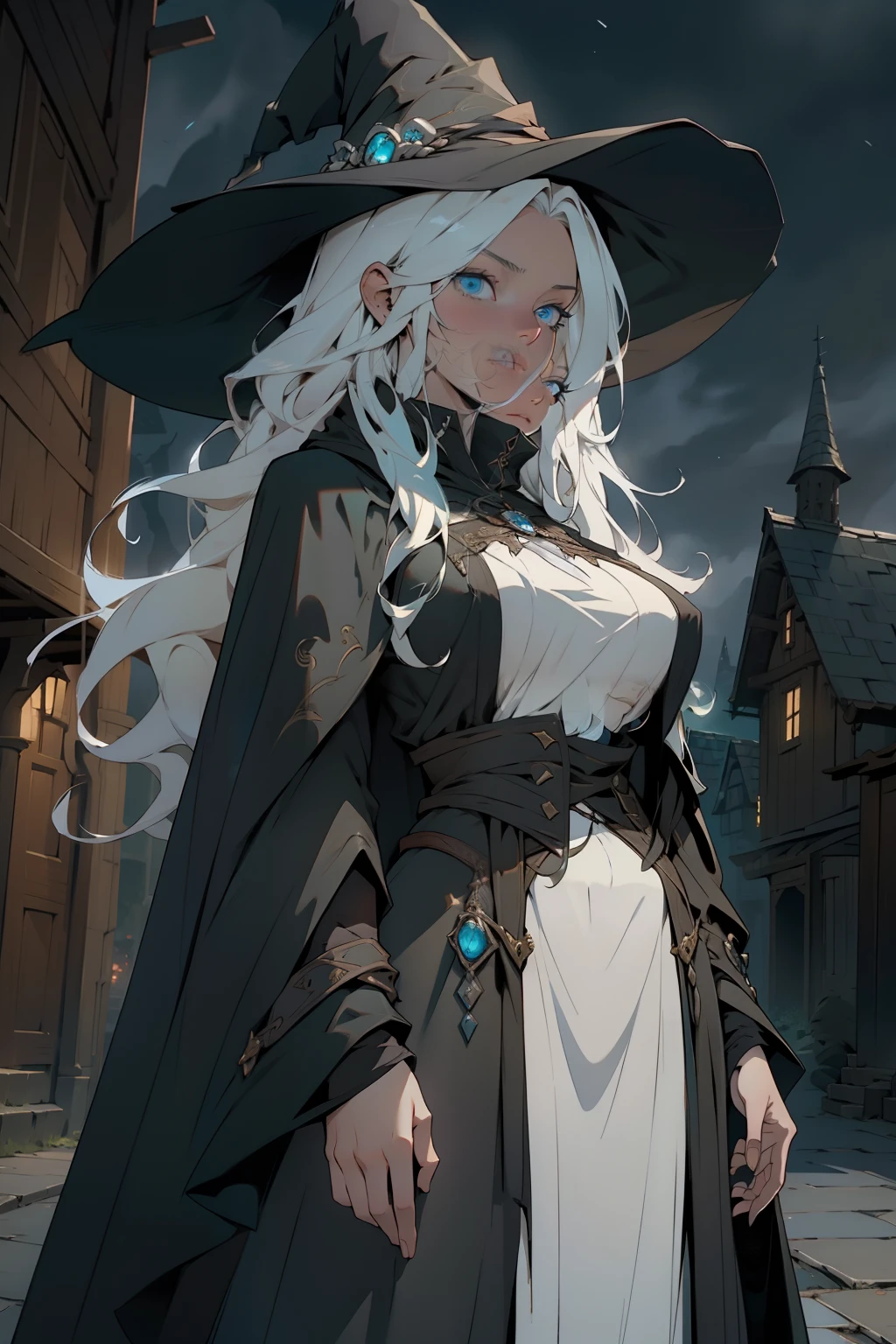 4k, high quality, cowboy shot, digital painting of beautiful young girl, witch, long white hair, flowing hair, giant witches hat, long black cloak, big breasts, fully clothed, layers of cloth clothing, witch clothes, covered in darkness, in the night, night time street, giant flowing cloak, encompassing cloak flowing, hints of green in the design, bright blue eyes, looking at viewer, cowboy shot