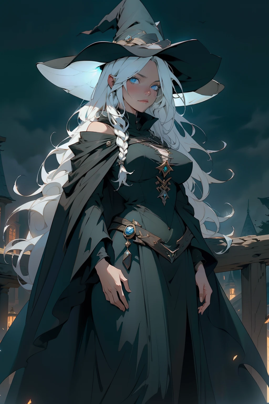 4k, high quality, cowboy shot, digital painting of beautiful young girl, witch, long white hair, flowing hair, giant witches hat, long black cloak, big breasts, fully clothed, layers of cloth clothing, witch clothes, covered in darkness, in the night, night time street, giant flowing cloak, encompassing cloak flowing, hints of green in the design, bright blue eyes, looking at viewer, cowboy shot