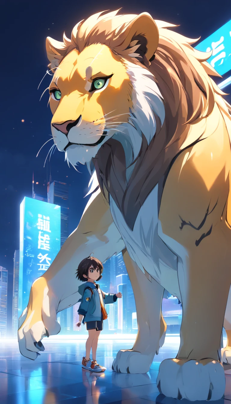 The person in the photo I gave々Use the,Robot lion, (blind box toy style:1.2), (Full body shot) , 1 transparent boy,Behind him is a transparent and cute robot lion, Transparent Mecha, Exquisite helmet:1.2, Luminescent goggles:1.2, Cyberpunk, Dreamy glow, bright neon lights, clean, White background, ( Global Illumination, Ray traching, nffsw, Unreal Render,Reasonable design, high detal, masutepiece, Best Quality, hyper HD, Cinematic lighting)