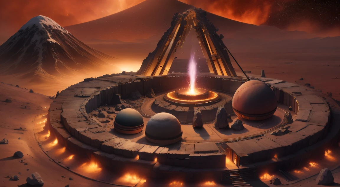Alien base (Very detailed) In the mountainous desert,There are several exhaust fans and chimneys, Some spotlights come out of the base to illuminate dark places, (Extreme nights), Some clouds in the night sky, Some of the surrounding planets provide air to unknown planets,The farthest giant volcano is erupting,The pilgrimage of the people