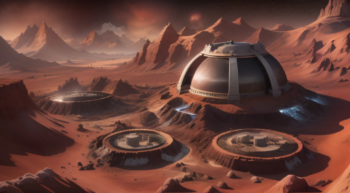 Alien base (Very detailed) In the mountainous desert,There are several exhaust fans and chimneys, Some spotlights come out of the base to illuminate dark places, (Extreme nights), Some clouds in the night sky, Some of the surrounding planets provide air to unknown planets,The farthest giant volcano is erupting,The pilgrimage of the people