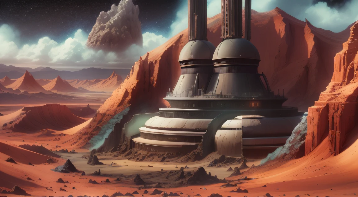 Alien base (Very detailed) In the mountainous desert，There are several exhaust fans and chimneys, Some spotlights come out of the base to illuminate dark places, (Extreme nights), Some clouds in the night sky, Some of the surrounding planets provide air to unknown planets，The farthest giant volcano is erupting，The pilgrimage of the people